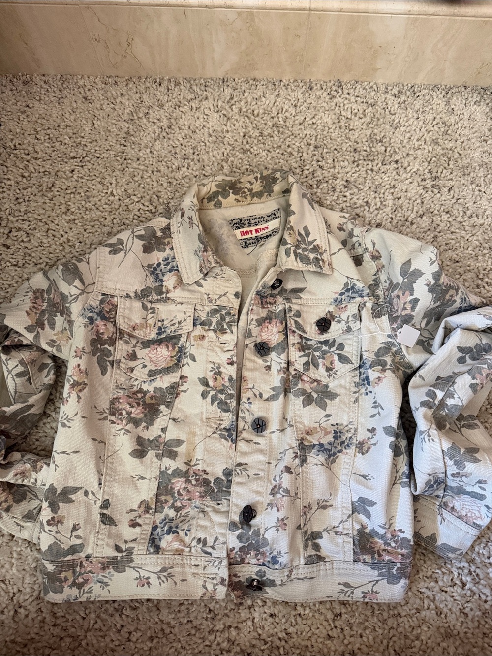 Hot Kiss Floral Print Light Beige Denim Jacket with Pink & Green Accents